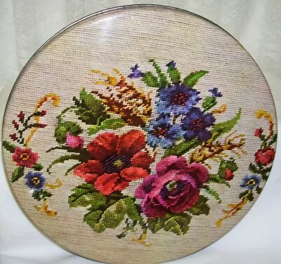 Round Tin Box Needlepoint Floral Design Vintage Large  • $26.54