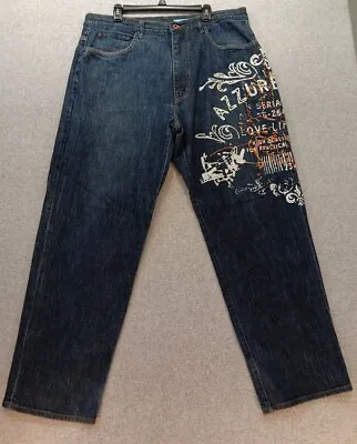 Azzure Baggy Jeans Men's 40x34L Wide Leg Graphic Print Embroidered Hip HOP Y2k • $46.49
