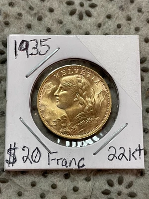 $449 • Buy 1935 Gold Coin 20 Francs French AU Helvetia Coin 22KT (Twenty Francs Gold Piece)