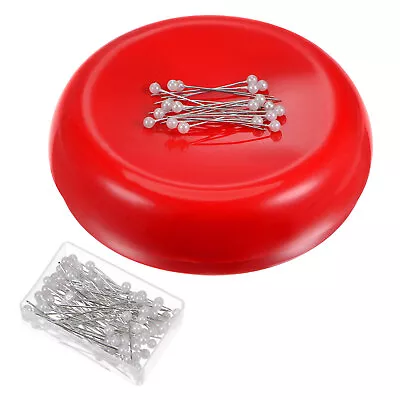 Magnetic Pin Cushion Round Shape With 100pcs White Plastic Head Pins Red • $13.07