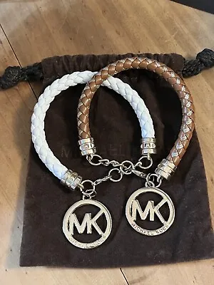 MICHAEL KORS 2 Gold Finish Braided Leather Bracelets (Brown & White) Very Nice! • $39.98