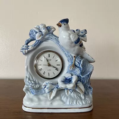 Vintage Linden Porcelain Blue & White Bird Flower  Gold Trim Alarm Clock • $30