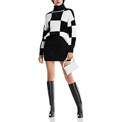 STAUD Womens Benny B/W Eyelash Check Print Turtleneck Sweater Top XL BHFO 6839 • $47.99