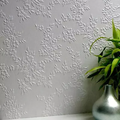 White Floral Paintable Wallpaper Duplex Embossed Portland Anaglypta RD341 • £1.52