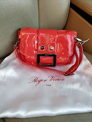 Roger Vivier Paris Coral Patent Leather Clutch Shoulder Bag Purse Baguette Red • $211.65