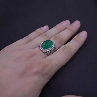 Mens Sterling Silver Natural Real Green Jade Stone Ring For Men Size 7-11 • £8.68