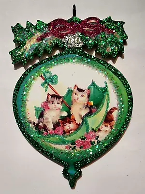 GREEN BAUBLE W PINE-  CATS In UMBRELLA  *  Glitter CHRISTMAS ORNAMENT  * Vtg Img • $10.50