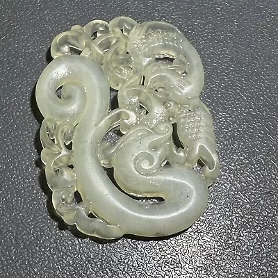 China Old Natural Mutton Fat Jade Hand Carved Dragon Bird Pendant Amulet • $29