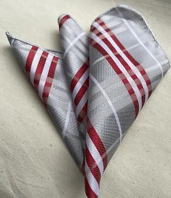 Men’s 8 Inch Satin Pocket Square Grey Red & White Plaid • £4.50