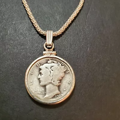 1923 Mercury Dime In A Sterling Silver Bezel & Sterling Silver Popcorn Chain. • $76.60