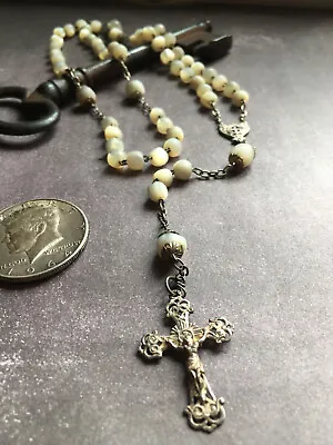 Vintage Fine French Silver 800 & MOP Mother Of Pearl Rosary Beads Cross • $104.94