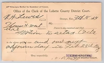 Office Of The Clerk Of Labette County District Court Postal Card Osweco Ks 1914 • $8.97