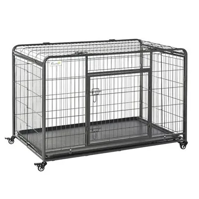 Metal Dog Cage Kennel With Locking Door Wheels Extra Large Pets 81x125cm PawHut • £107.99