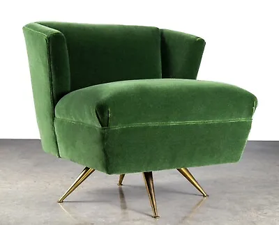 1950s Henry P Glass Swivel Lounge Chair Green Mohair On Brass Legs JL Chase Co. • $4500