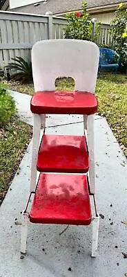 Vintage Mid Century Modern  Red & White Step Stool Chair W/Pull Out Steps 1950's • $74.50