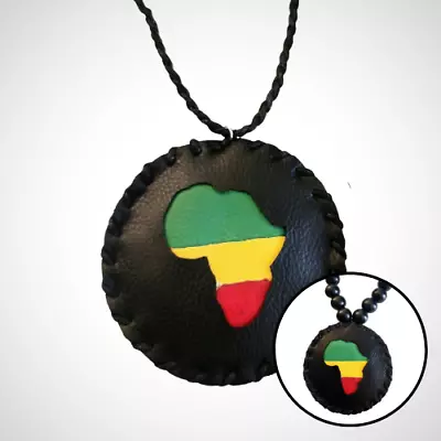 90's FAUX LEATHER RASTA AFRICA MEDALLION NECKLACE • $35