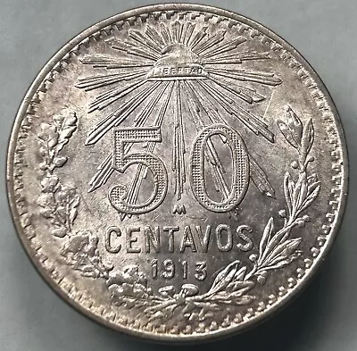 1913 Mexico 50 Centavos AU+ Better Date .800 Silver Coin Better Date KM 445 • $0.65