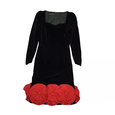 Louis Feraud Vintage 80's Black & Red Velour Long Sleeve Dress Womens UK 14 • £79.99