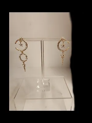 Moon Star Celestial Rhinestone Earrings Gold Dangle Pierced  • $10