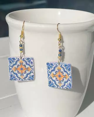 Gold Blue Mediterranean Tile Polymer Clay Earrings • $12