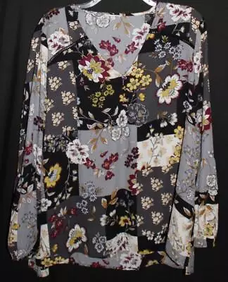 Beautiful Maurices Womens Long Sleeve Poly Blouse XL Black/gray Multi Floral • $23.99