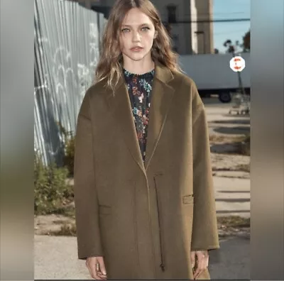 Zara Handmade Women's Oversized Wool Blend Winter Long Coat In Olive Green Sz L • $70