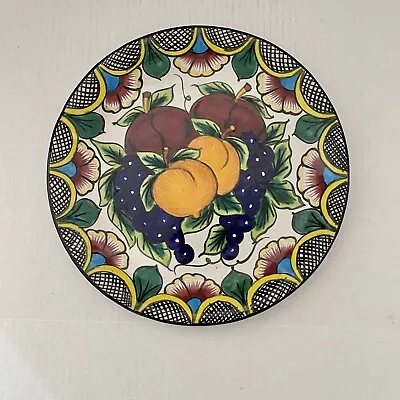 VINTAGE Talavera Mexico Pottery Platter Hand Painted Fruit Motif 11.25  Round • $35