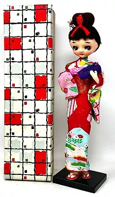 Vintage Big Eyes Japanese Kimono Doll Mid Century On Stand 13  W/Box • $29.04