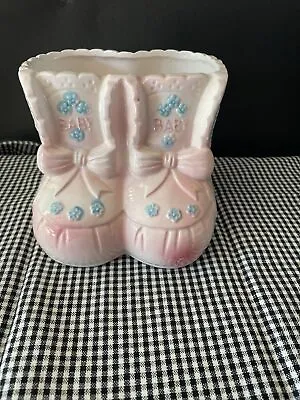 Vintage Shower Nursery Planter Decor Ceramic Pink Baby Booties Girl MY-NEIL • $18.99