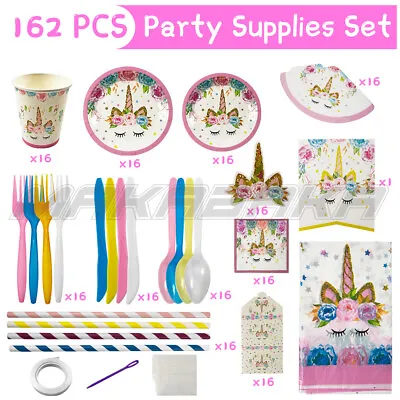 $19.99 • Buy 162pcs -Serves 16 Unicorn Birthday Party Decoration Supplies Set & Tableware Kit