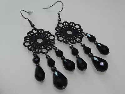 Vintage Style All Black Teardrop Glass Chandelier Long Earrings Jewellery Gift  • £9.59