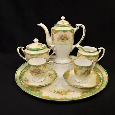 Noritake Tray Teapot Creamer Sugar 2 Cups & Saucers Floral Green Gold 1918-1931 • $244.98