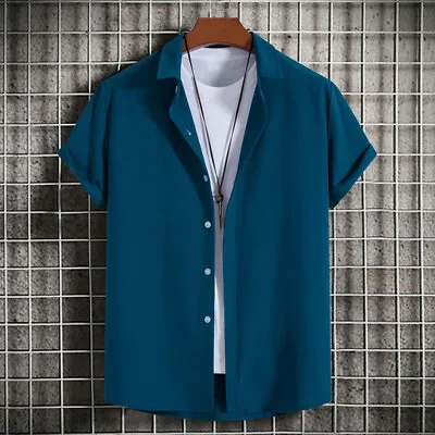 Men Linen Style Short Sleeve Shirts Beach Casual Button Down Formal Dress Shirt • $12.97