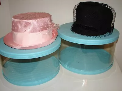 Vintage Rare Turquoise Hat Wig Box Cases See Through Storage Lot With Hats! • $75