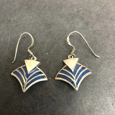 $7 • Buy STERLING SILVER .925 Lot Earring Pairs K1 5g Blue Enamel Triangle Fan Dangle