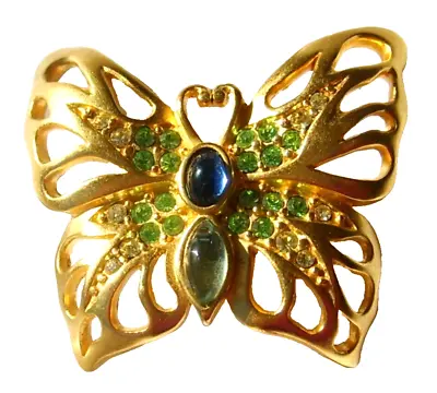 Vintage Gold Tone Green/Blue Rhinestone Open-Work Butterfly Brooch Pin 1 3/4  • $11