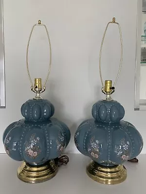 Pair Vintage Blue Glass E. F. Industries Bubbled Hobnail Brass Lamp Flowers  • $295