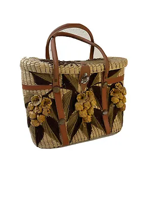 VTG 80s Boho Woven Wicker Raffia Straw Floral Crewel Stitched Basket Purse • $40.04