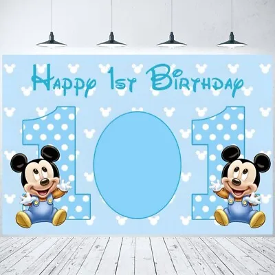 Mickey Mouse Baby Shower Backdrop First 1st Birthday Party Photo Background  • $19.03