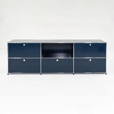 2000s USM Haller Credenza / Cabinet Unit 2x3 Chrome & Steel Blue 90x30x20 Inches • $4750