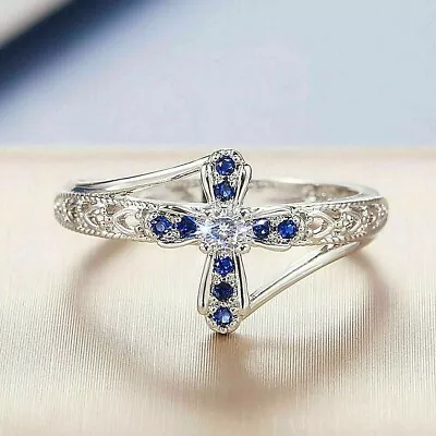 2Ct Round Lab Created Blue Sapphire Cross Christmas Ring 14K White Gold Plated • $99.24