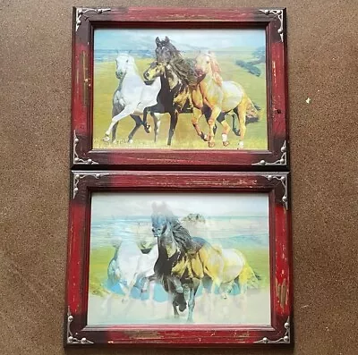 Vintage Trotting Horses Stallions Holographic 3D Motion Illusion Wood Framed Art • $47.99