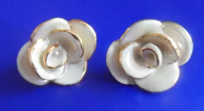 Vintage Earrings - PIERCED WHITE ENAMEL ROSE W/GOLD ACCENTS • $4.99