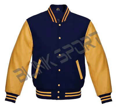 Letterman Baseball Varsity Bomber Navy Wool Body And Gold Leather Sleeves Jacket • $79.99