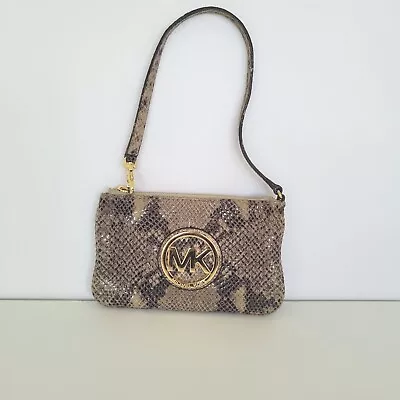 MICHAEL KORS Fulton Snake Embossed Gray Leather Zip Around Wallet Wristlet Pouch • $30