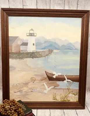 Large Framed Vintage Light House  Oil Painting By A Norrill - Beach Decor • $39.99