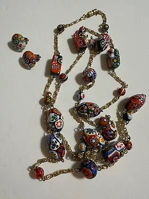 Vtg Flapper Venetian Millefiori Glass Beads Gold Tone Chain Necklace & Earrings • $87.77