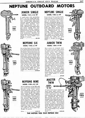 1943 Print Ad Of Neptune Outboard Boat Motors Models 11A1 11B6 11B9 11B16 11B4 • $9.99