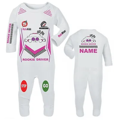 Car Racing Rookie Rally Driver White Baby Grow Babygrow Romper Suit Custom Print • £29.99
