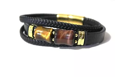 Savvy Cie Black Leather Gold Accent Brown Stones Bracelet   NWT • $75